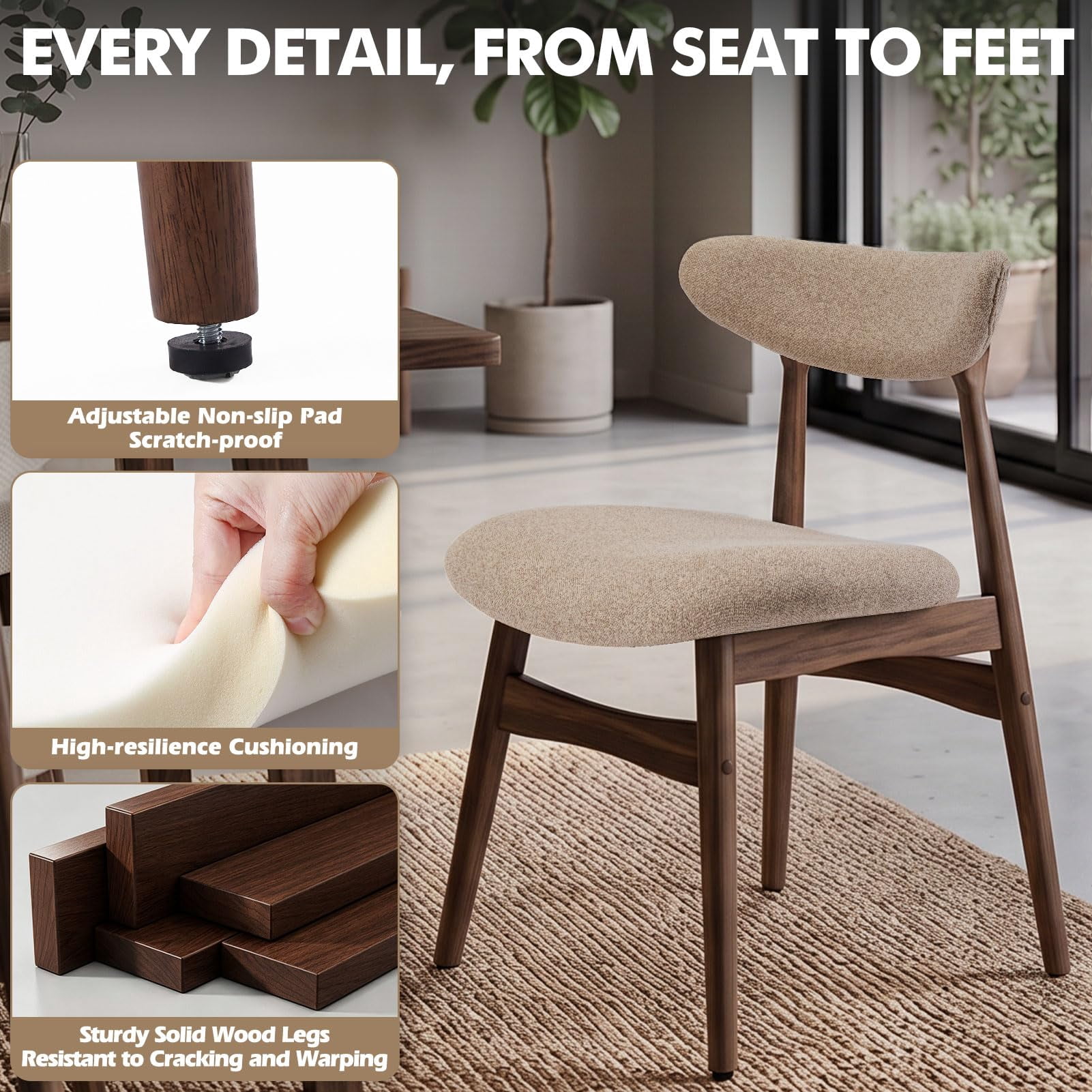 Upholstered Dining Chairs Set of 2, Lumbar-Ergonomic Backrest Chairs with Adjustable Foot Pads
