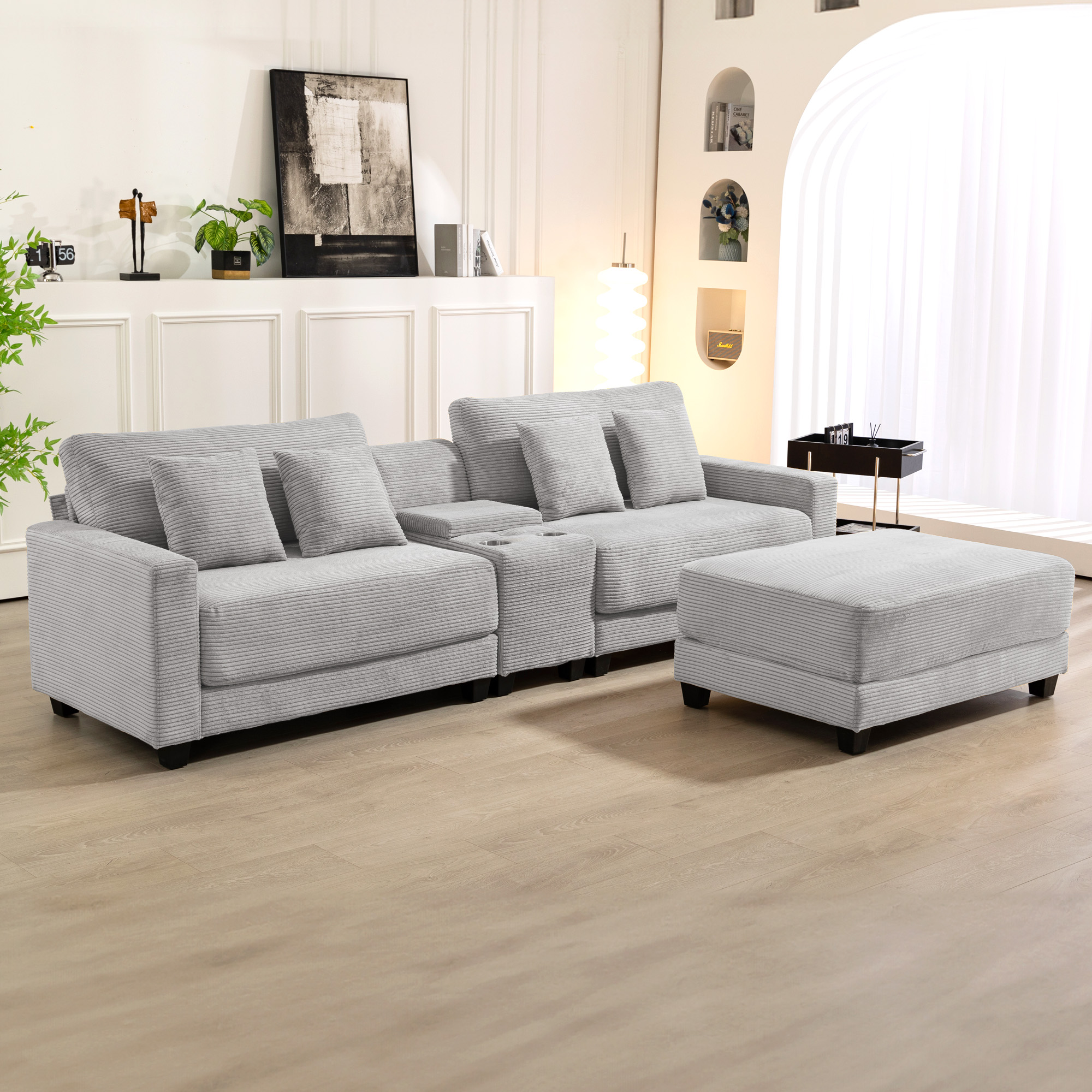 JUSTLET 111.8" Sectional Sofa with Ottoman, L-Shaped Modern Modular Couch, Oversized Corduroy 4 Seat Sofa with Storage Box, USB & TYPE C Port and Two Cup Holders for Living Room, Beige