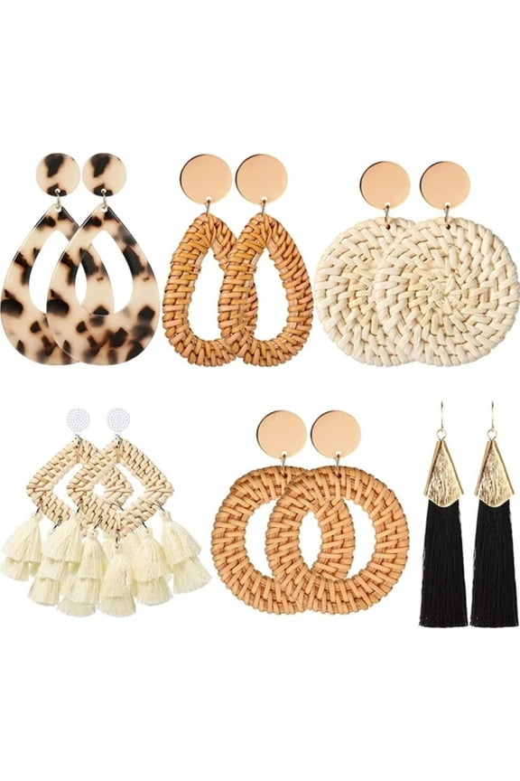 Various Color 6 Pairs Earrings for all, Rattan ,Straw Earrings, Boho Earrings for Tassel, Beach Earrings Handmade Wicker Braid Hoop Drop Earrings, for any occasions