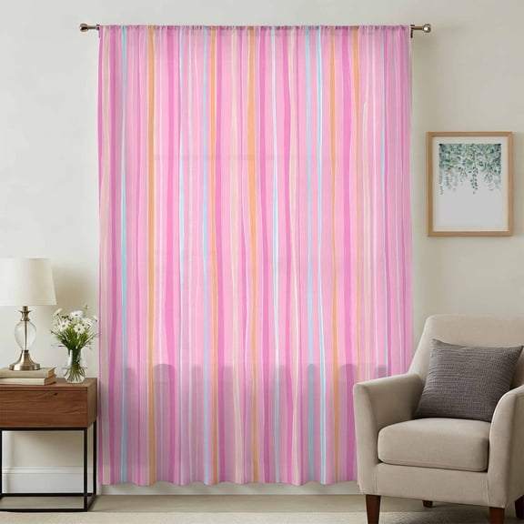 Pink Orange Blue Stripe Sheer Curtains 72 Inches Long, Modern Abstract Art Striped Farmhouse Light Filering Curtains, Breathable Simi Curtain Privacy Drapes for Living Room Bedroom Window Treatment