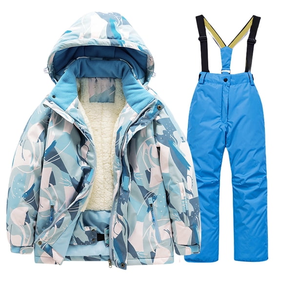Mercatoo Kids 2 Piece Ski Suit Boy Girl Thick Warm Hooded Jacket and Ski Bib𝐬 Sno𝐰 Pants Snowsuit Snowboarding Outfit Winter Clothes