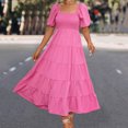 thumbnail image 2 of IROINNID Wedding Guest Dresses for Women Formal Evening Night Dress Casual Solid Color Square-Neck Short Bubble Sleeve Dress Elegant Empire Dress,Hot Pink, 2 of 9