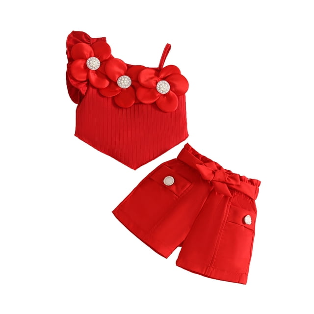 Rhuody Ensembles Fille Sans Manches Col Rond Été Gilet Floral T-Shirt Hauts Shorts Ensembles Tenue Décontractée 18-24 Mois Rouge