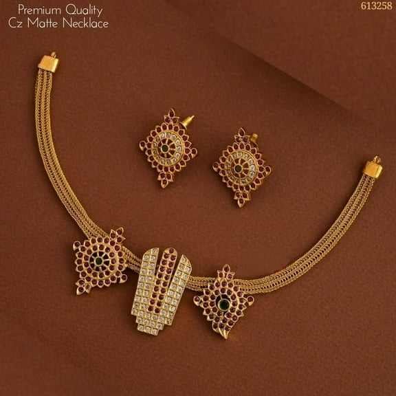 Ethnic Indian Gold Plated Choker with Earrings | Ruby Green Jadau Kundan CZ Matte Finish Choker Necklace Set | Gold Tone Lightweight Party Jewelry