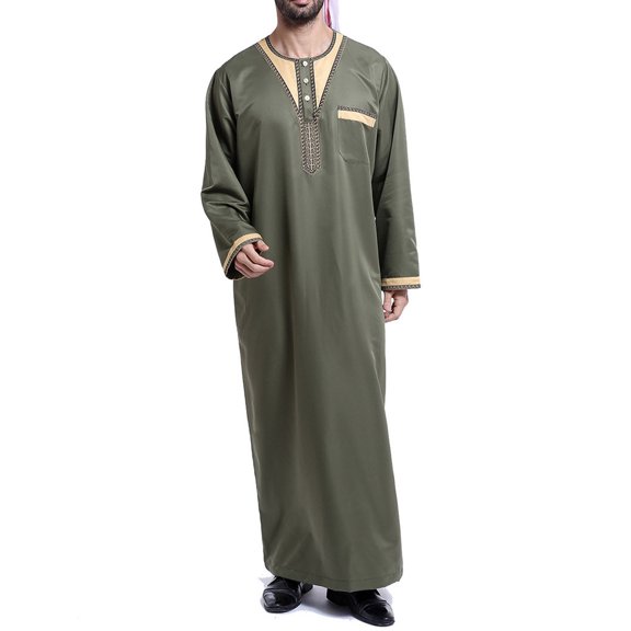 Lilgiuy Men's Muslim Robe Arab Middle Robe Pattern Embroidery Long Sleeve Standing Neck Pocket Long Shirt Fashion Casual Robe Outwear