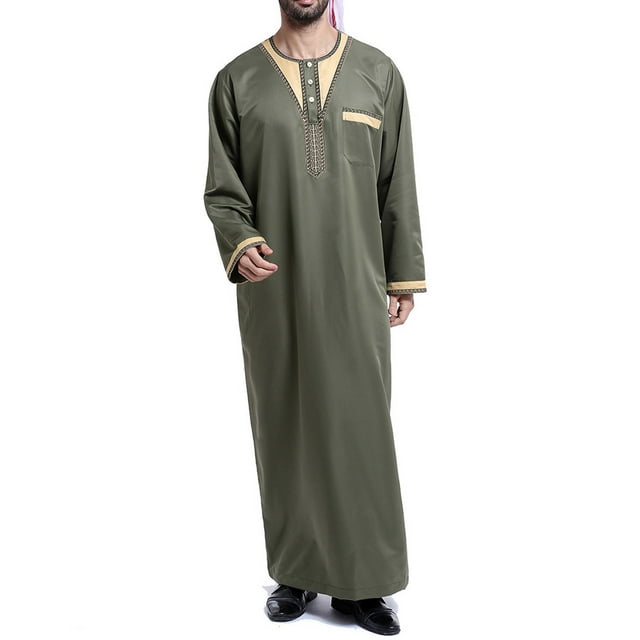 Aqestyerly Men Long tops Men'S Muslim Robe Arab Middle Robe Pattern Embroidery Long Sleeve Standing Neck Pocket Long Shirt Fashion Casual Robe
