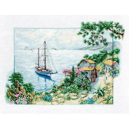 UPC: 4840746029011 | Counted Cross-Stitch Kit Seascape B2343 Needlework Forest Nature By Luca-S Green Lake Canvas Cotton Boat Tree
