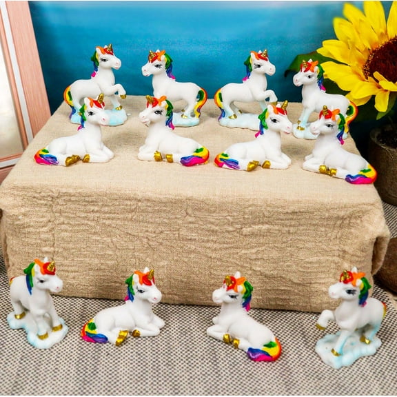 Rainbow Mane Unicorns 2"H Miniature Figurine Set of 12 Mare Unicorn Horses Decor