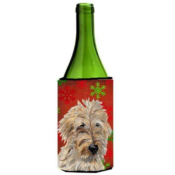 Golden Doodle 2 Red Snowflakes Holiday Wine bottle sleeve Hugger  24 Oz.