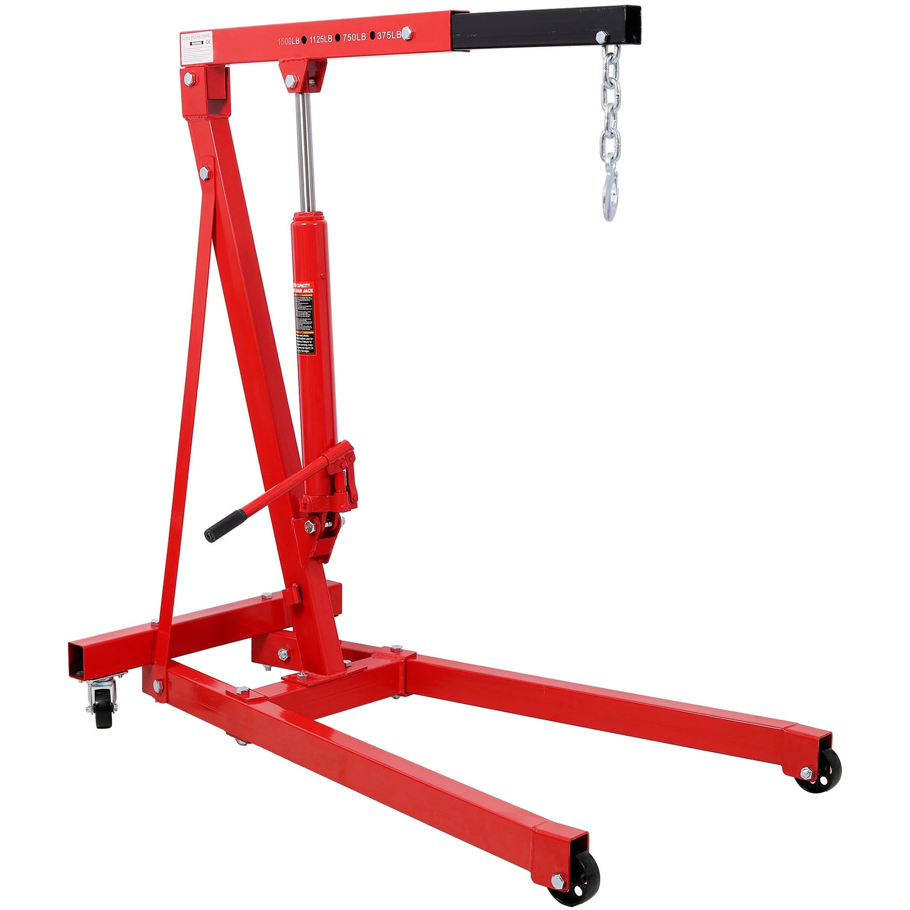 Red Engine Lift Hoist With 4 Iron Caster Wheels, 1500 Lbs Capacity Heavy-Duty Hydraulic Shop Crane