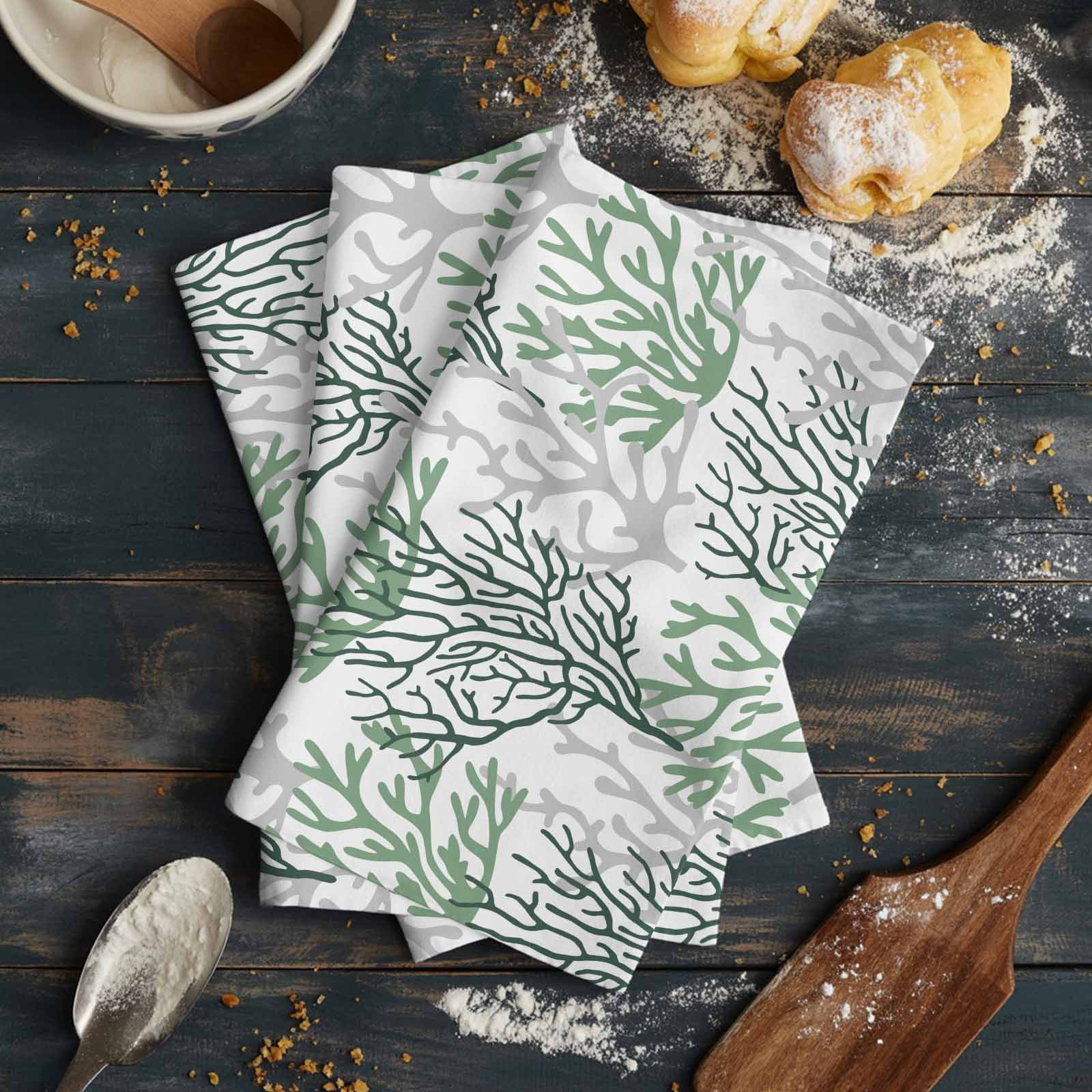 Sage Green Gray Coral Coastal 1 Pack Kitchen Towel, Water Absorbent Dish Towel, Summer Beach Seaside Nautical Decorative Hand Towels - Quick Drying Cloth for Cooking Baking, 18x28 Inch