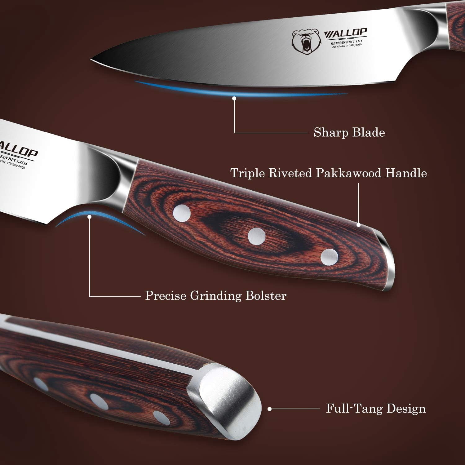 WALLOP Utility Knife - 5 inch Kitchen Utility Knife - German High Carbon Stainless Steel Full Tang Pakkawood Handle - Jane Series with Gift Box