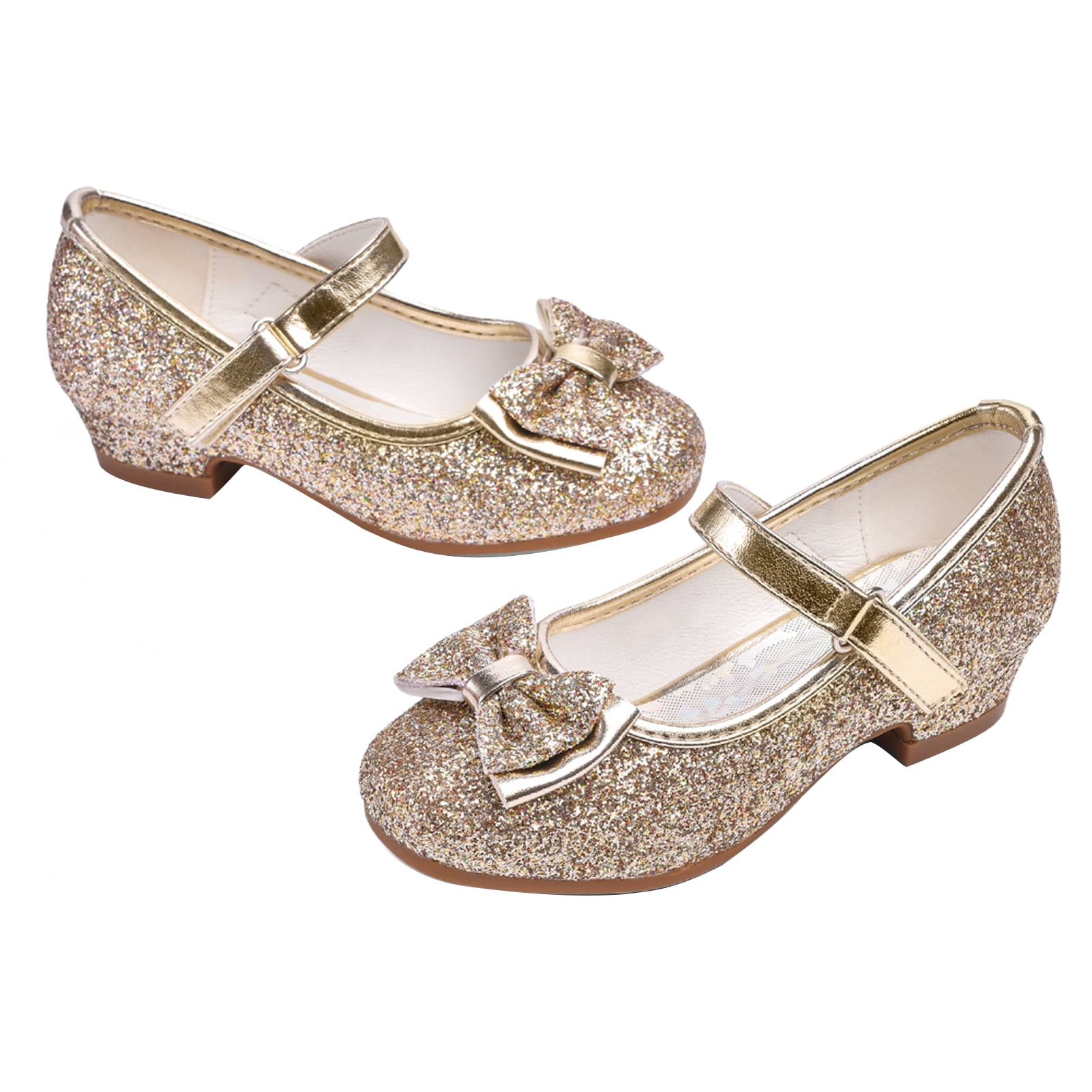 Stelle Girls Mary Jane Glitter Shoes Low Heel Princess Dress Shoes,Toddler Little  Girls Bowknot Flower Girl Wedding Party Dress Pump Shoes,Gold 
