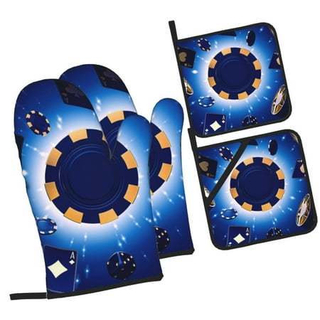 

Zufioo Blue Casino Oven Mitts and Pot Holders 4pcs Set Kitchen Oven Glove High Heat Resistant 500 Degree Extra Long Oven Mitts for Kitchen Baking Cooking