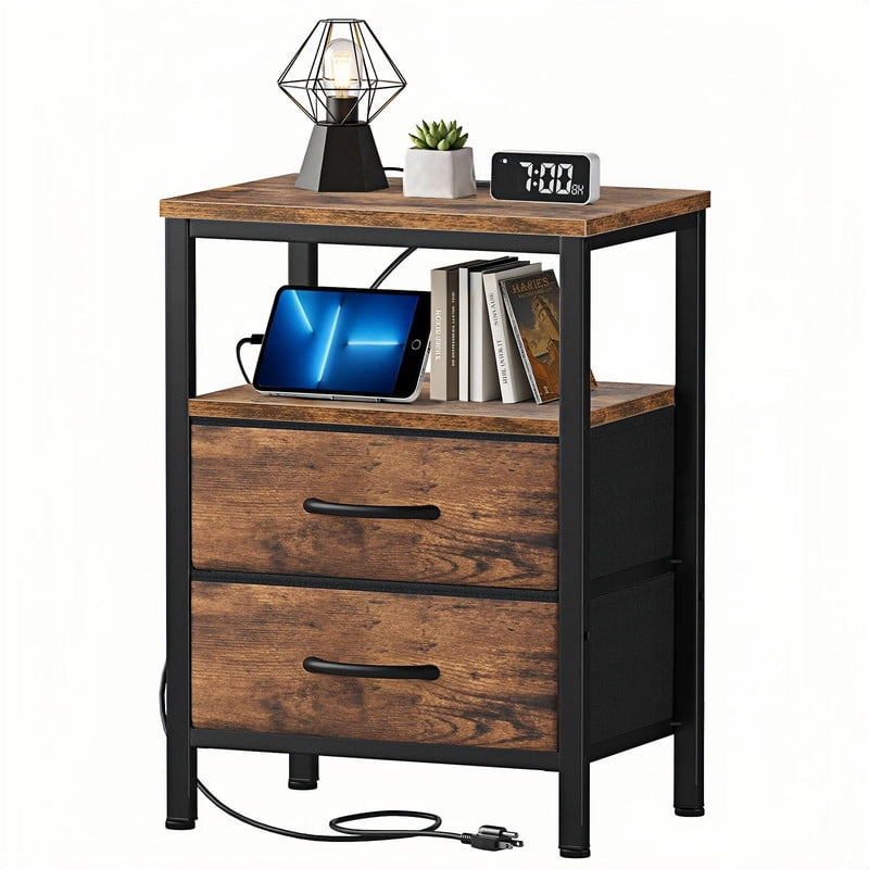 Kelno Nightstand with 2 Fabric Drawers Charging Station USB TypeC Outlets Small Bedside Table with Wood Top Open Storage Shelf, Rustic Brown