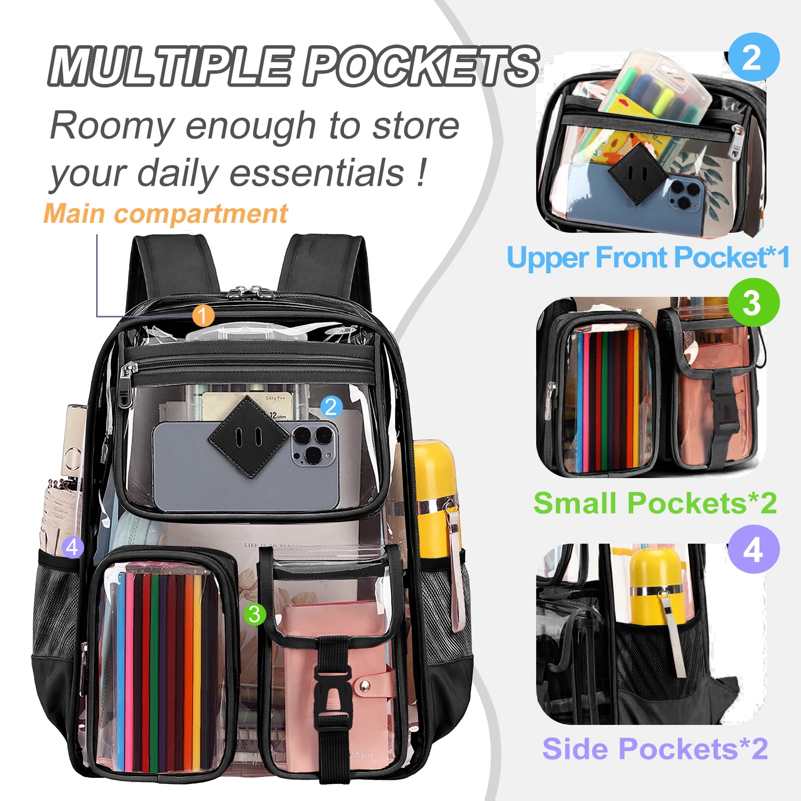 Sanmadrola Large Clear Backpack Heavy Duty Stadium Approved See Through Backpack Waterproof PVC Transparent Backpacks Clear Book Bag with Reinforced Strap for School Work Travel Festival, Black