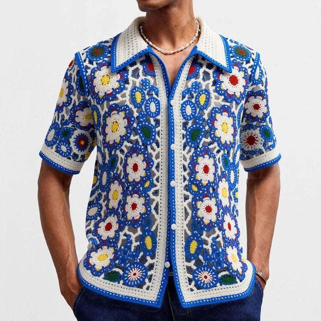 Ceisia Men's Solid Color Imitation Hand Crochet Knit Short Sleeve Cardigan Casual Summer Top Multicolor L Gifts