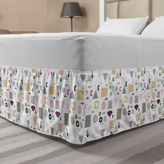 Retro Bed Skirt, Colorful Geometrical Shapes in Memphis Style Funky Hipster Fashion Eighties Summer, Elastic Bedskirt Dust Ruffle Wrap Around for Bedding Decor, 4 Sizes, Multicolor, by Ambesonne