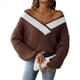 thumbnail image 3 of Suéter de Punto Ligero de Larga para Mujer, con Cuello en V y Costuras en Contraste. Café L, 3 of 9