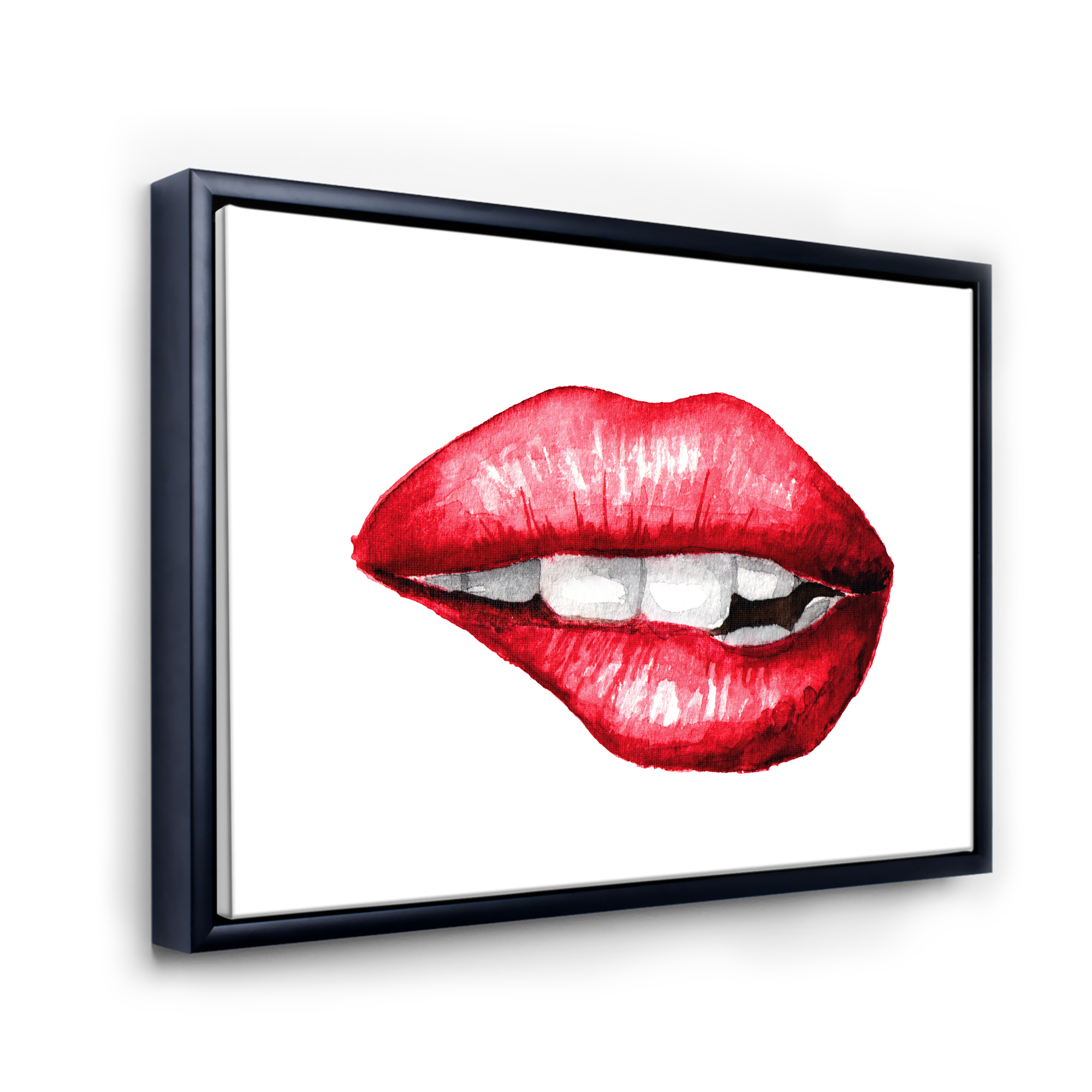 Sexy Plump Puffy Girl Lips Biting 32 in x 16 in Framed Painting Canvas Art Print, by Designart