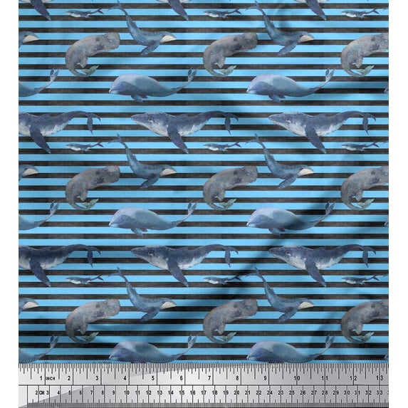Soimoi Satin Silk Fabric Stripes & Whale Fish Ocean Fabric Prints by Yard 42 Inch Wide
