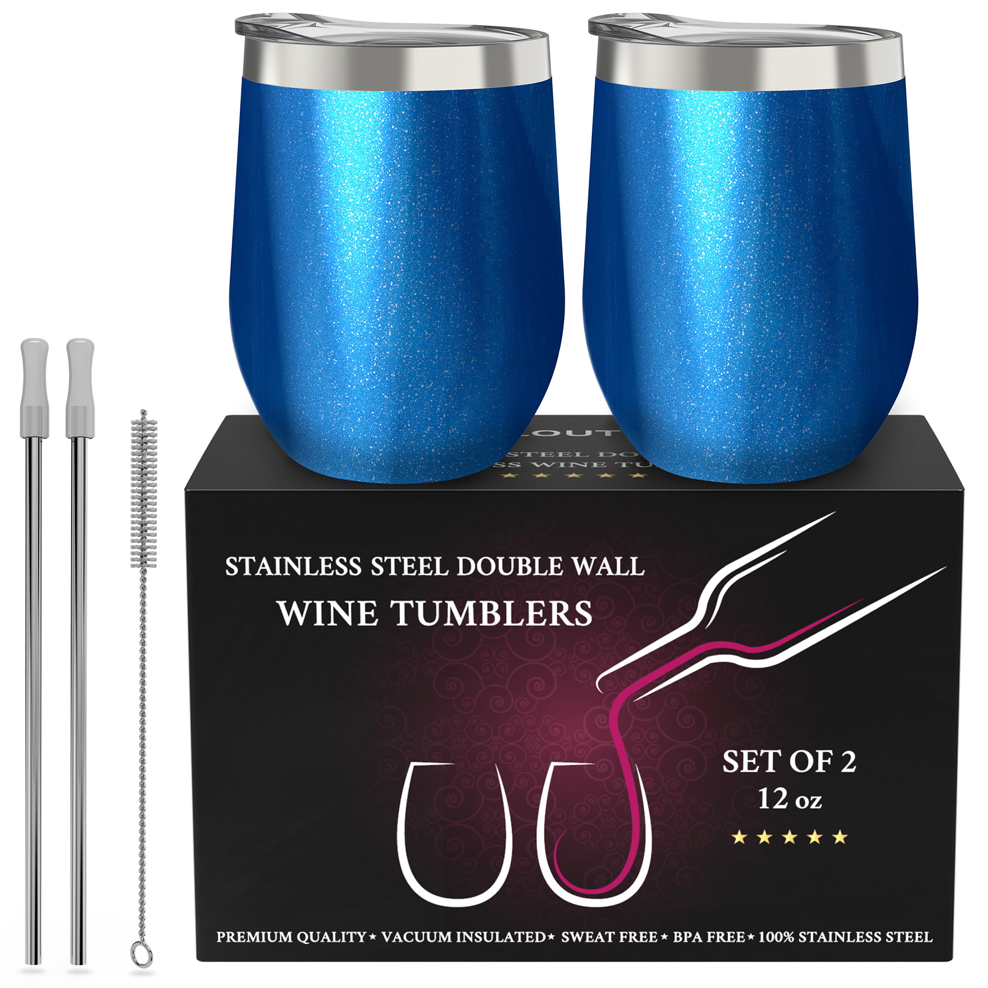 CHILLOUT LIFE Stainless Steel Wine Tumblers 2 Pack 12 oz & 1 Insulated Wine  Bottle - Double Wall Vacuum Insulated Wine Cups with Lids and Straws Set