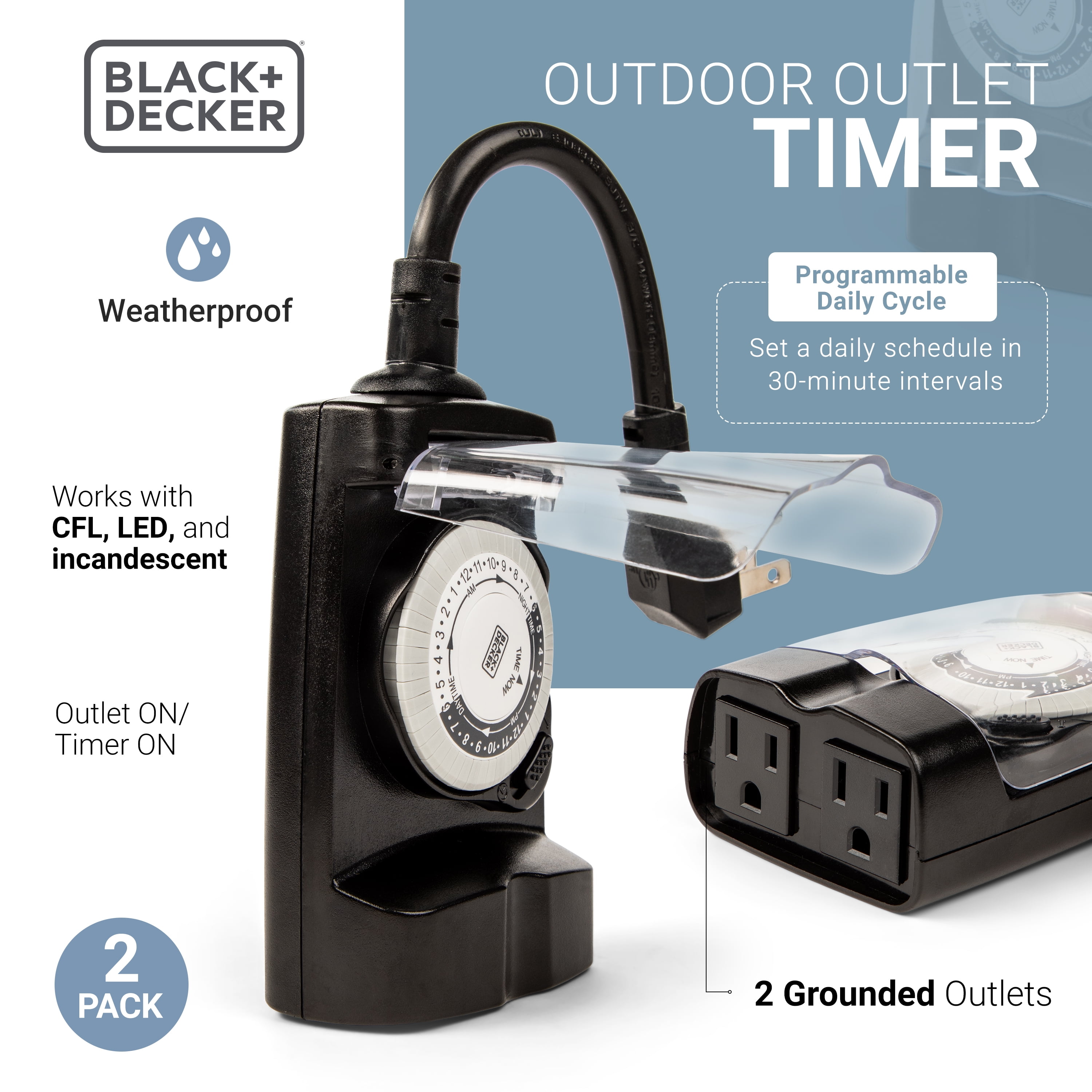 BLACK+DECKER Outdoor Timer with 3 Grounded Outlets - Waterproof