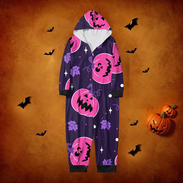 Family Halloween Pjs Matching Sets Halloween Print Long Sleeve Zippered One Piece Pajama Hooded Jumpsuit Winter Halloween Pjs Family Set