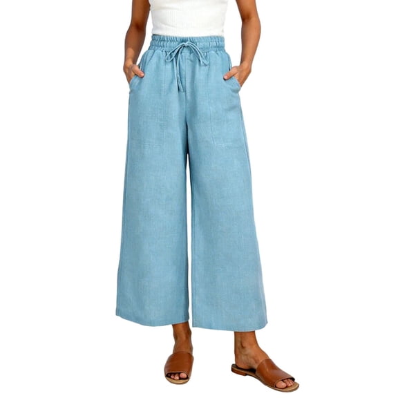 Babcutegg Womens Linen Pants Soild Color Side Pockets Casual Fashion Regular Fit Comfortable Summer Clothes for Women Blue Size 2XL