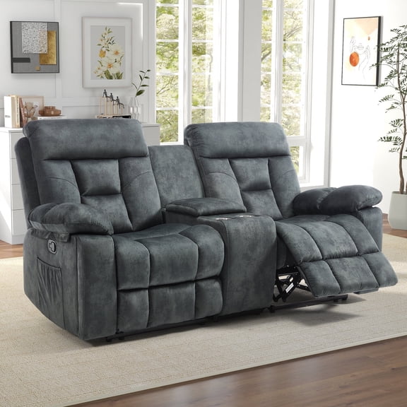 Bonzy Home Reclining Loveseat 2-Seat Manual Recliner Sofa with Hidden Armrest Cup Holders, Breathable Fabric, Gray