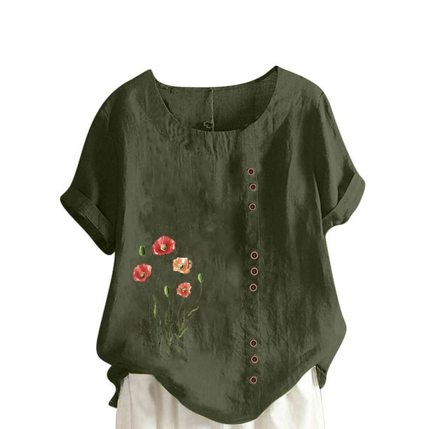 Camisetas de Manga Corta para las Mujeres Impreso Botón de Manga Corta Camiseta Blusa Poliéster, Ropa Casual Mirar Superior para las Mujeres