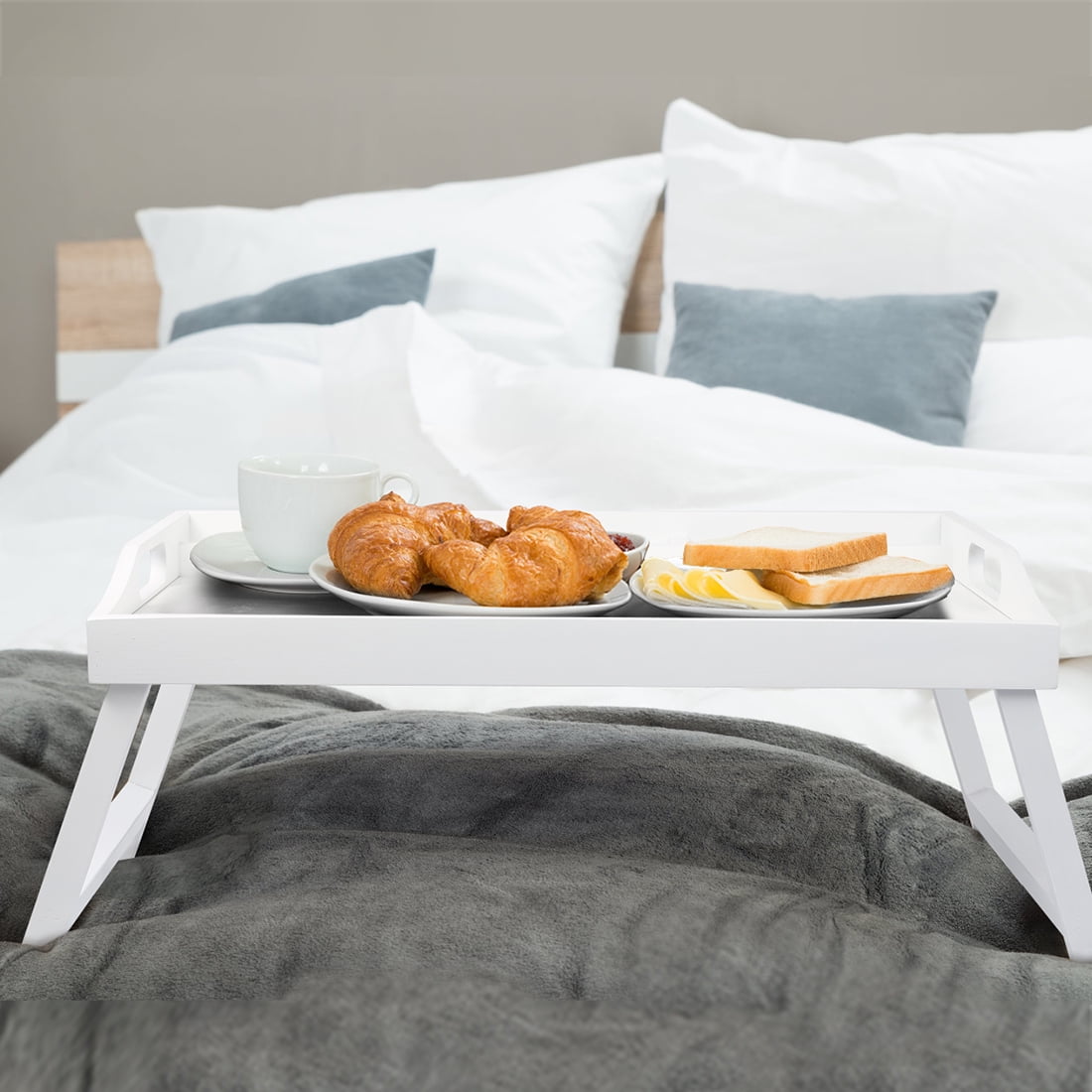 Artmalle Bed Tray Table with Carrying Handles Folding Legs Bamboo White Lap Table Tray with Phone Holder Rectangle Food Serving Trays for Eating on