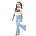 thumbnail image 2 of ZHOGXU Big Kids Girls Outfit Bow Printed Short Sleeve Round Neck Top And Flare Leg Pants Two Piece Comfortable Fashion Sets For Daily Wear Light Blue 13-14 Years, 2 of 5