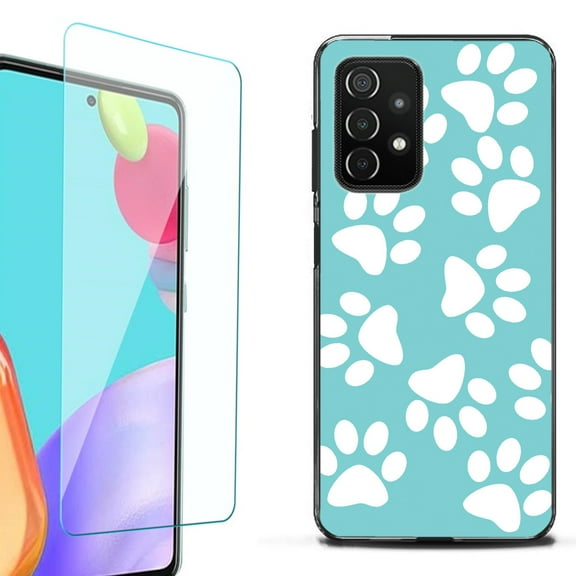 Slim-Fit Flexible TPU Gel Phone Case (black) for Samsung Galaxy A52 5G, with Tempered Glass Screen Protector, by OneToughShield ® - Pet Paw / Teal