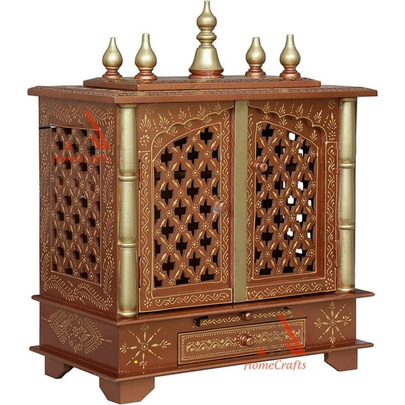 Homecrafts Handpainted Wooden Home Temple/ Home mandir/ god stand for home/ pooja stand/ home mandap/ pooja mandir with Doors and (Color-Golden1) (in Side LED Lights) Medium Size- 18x12x24 Inch