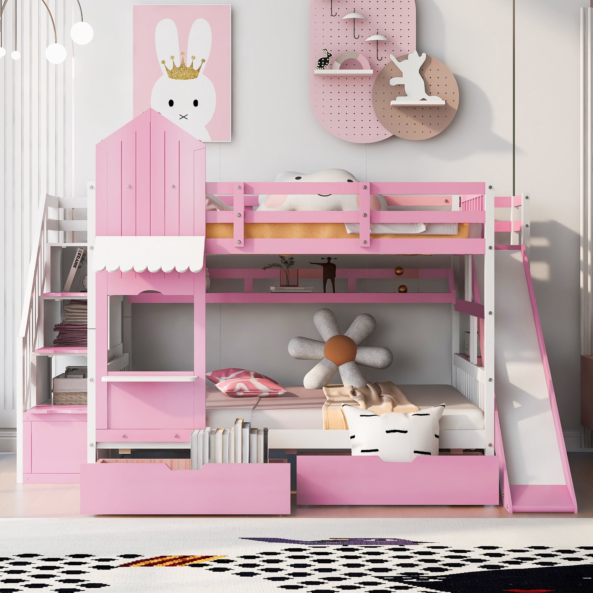 Full over Full Bunk Bed for Kids, Castle Style Bunk Beds with 2 Drawers, Slide and Storage Shelves, Solid Wood Bunk Bed Frame for Kids Girls Boys Teens