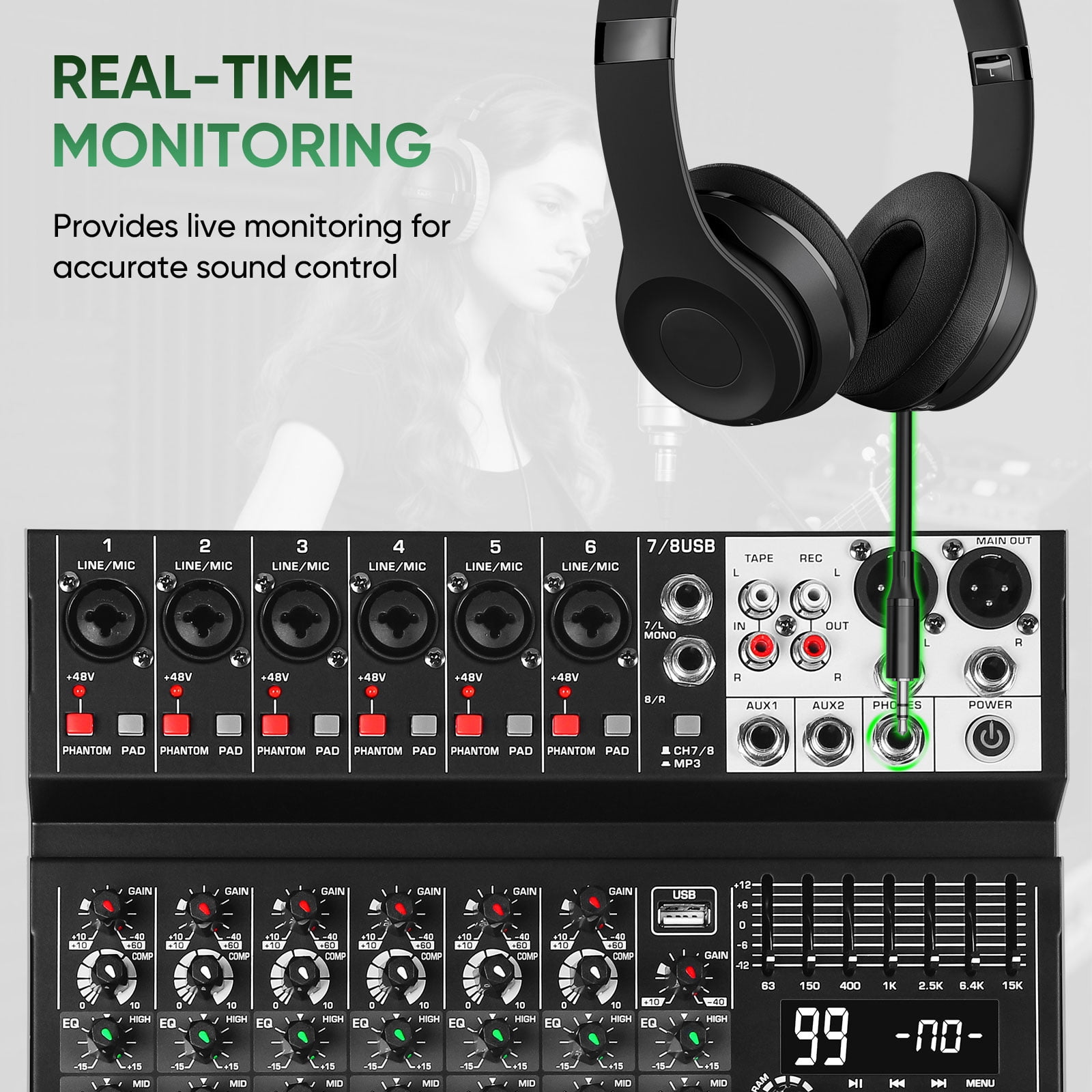 Audio Mixer 8 Channel Sound Mixer Console, Professional Music Mixing Board DJ Mixer w/ 99 DSP, 7-band EQ, USB, Bluetooth, 48V Phantom Power & PAD Function for Recording PA Live Live Streaming