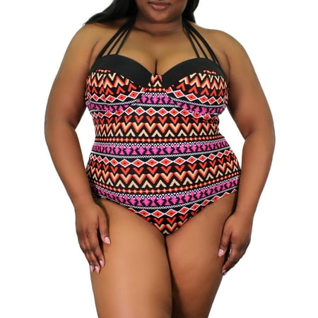 100 Degrees Women's Plus-Size Tribal Print Maillot Tie-Neck One-piece Swimsuit