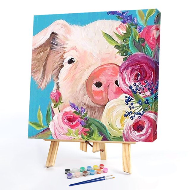 Cuadros Decorativos Cerdo en flor pintura al óleo por números DIY pintura acrílica sobre lienzo (B1316) Wdftyju embutido en tela