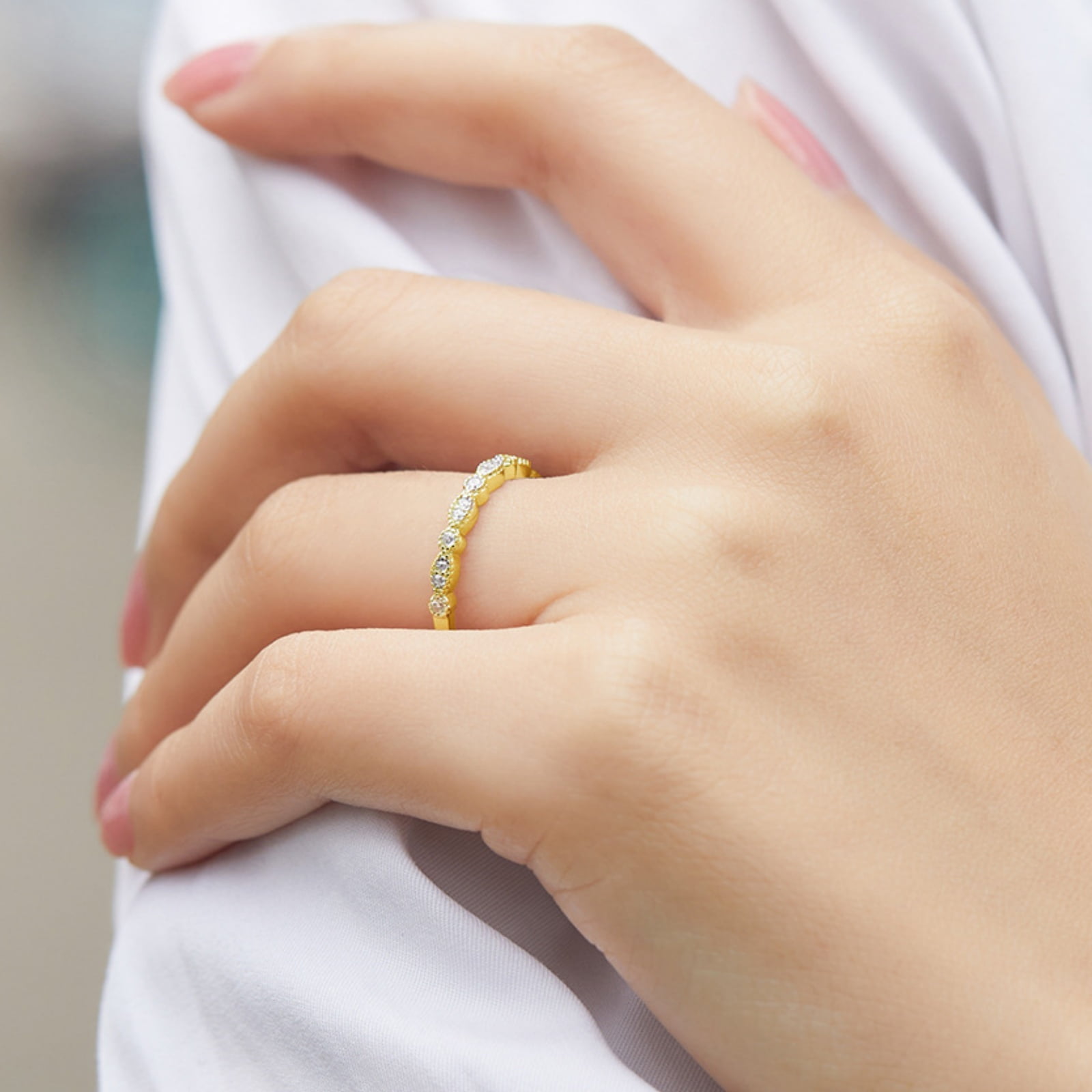 SFTING S925 Sterling Silver Wedding Band for Women Cubic Zirconia Milgrain Marquise & Round Half Eternity Stackable Ring Gold Size 7