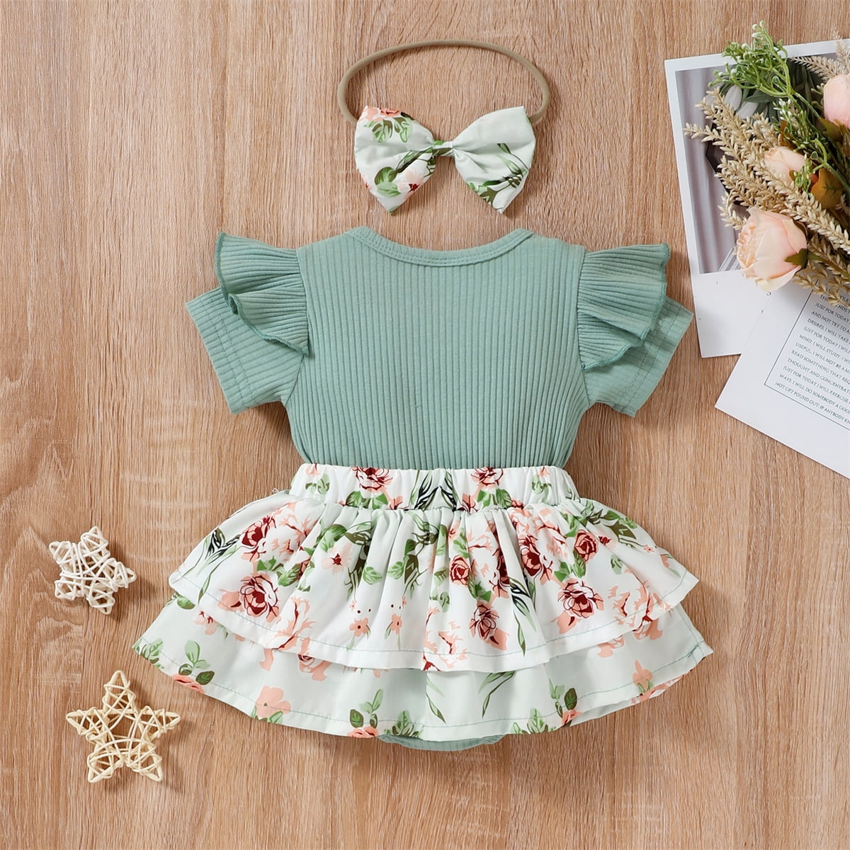100% Cotton Crepe 2pcs Baby Girl Floral Print Bowknot Ruffle Long-sleeve Dress with Headband Set