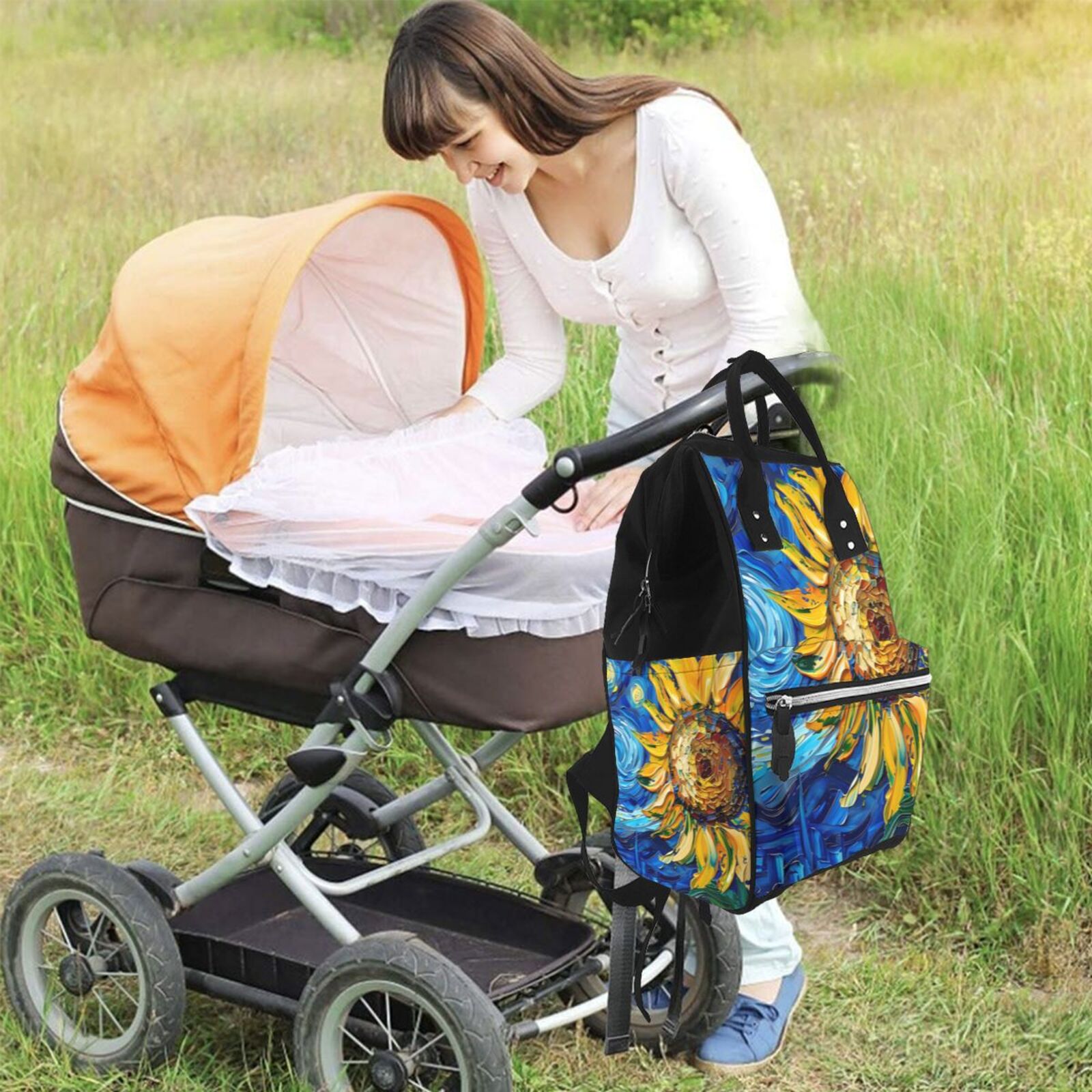 Ratiio vintage Starry Sunflower Mummy Backpack - Waterproof Twill Canvas, Large Capacity Diaper Bag with Multiple Pockets and Adjustable Straps
