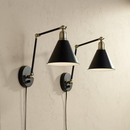 360 Lighting Modern Wall Lamp Plug-In Set of 2 Black and Antique Brass for Bedroom Reading Living