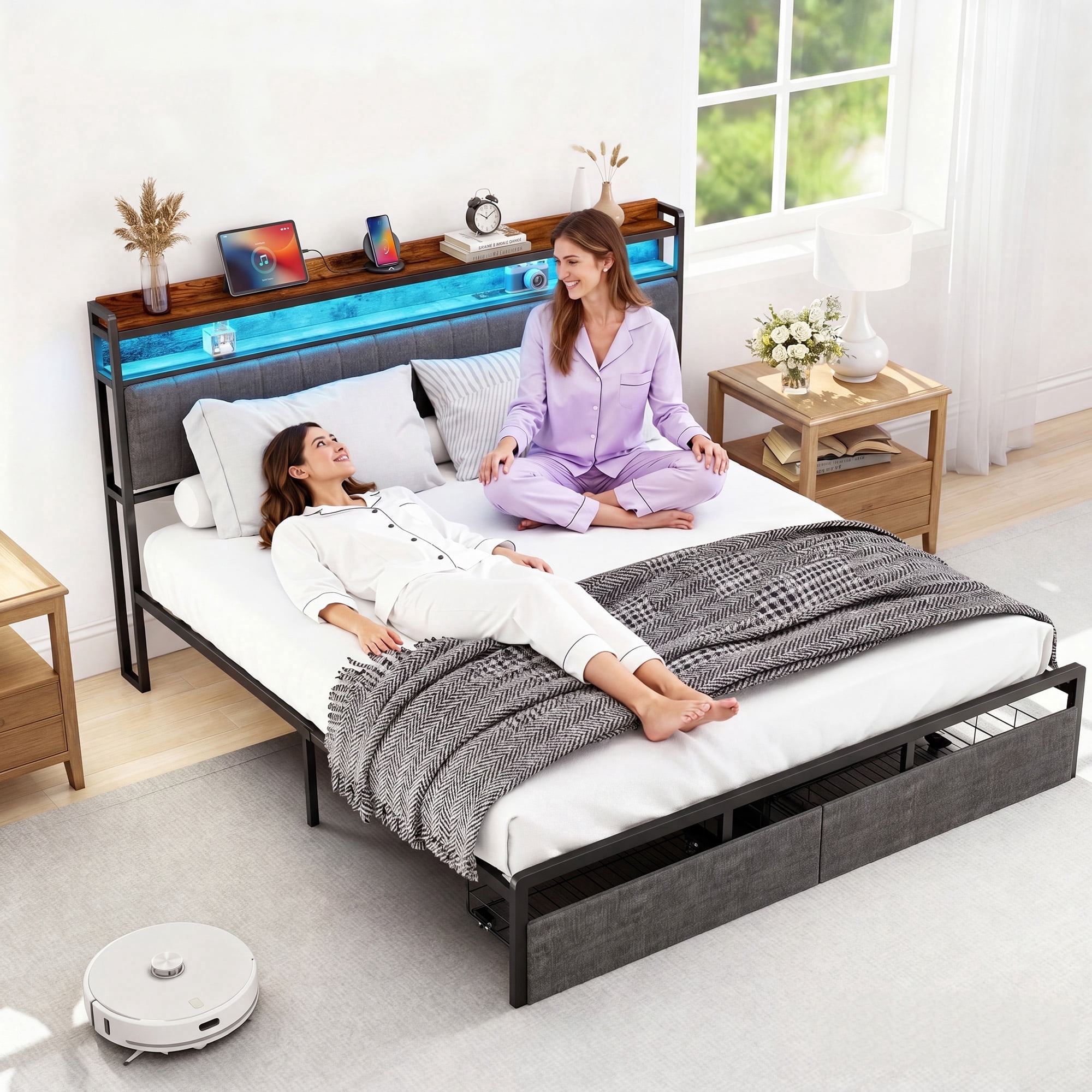 Furnibear LED Queen Bed Frame with Upholstered Storage Headboard and Drawers, LED Platform Bed with Charging Station, No Box Spring Needed