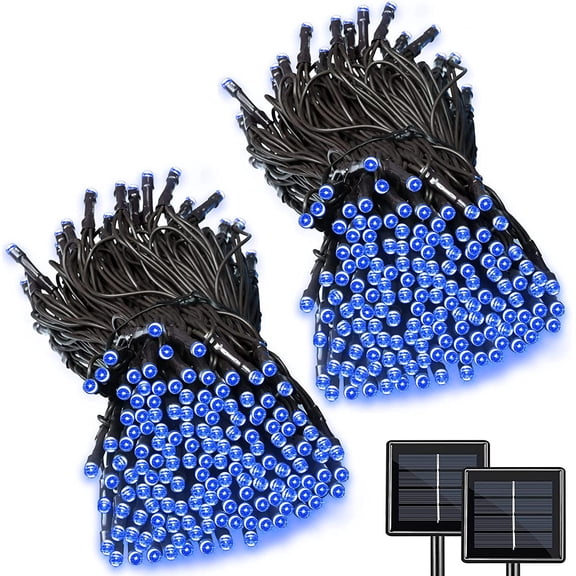 2Pack Solar String Lights 50 LED 32ft 8 Modes Outdoor Lighting Waterproof Christmas Fairy Lights for Xmas Tree Garden Homes Ambiance Wedding Lawn Party Decor, Blue