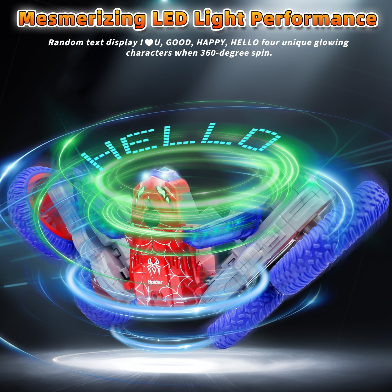 Spider Remote Control Car - 2.4Ghz 4WD RC Stunt Car with 360° Rotation Displays 4 LED Texts, Spray Function, LED Lights, Rechargeable Battery, for Boys and Girls