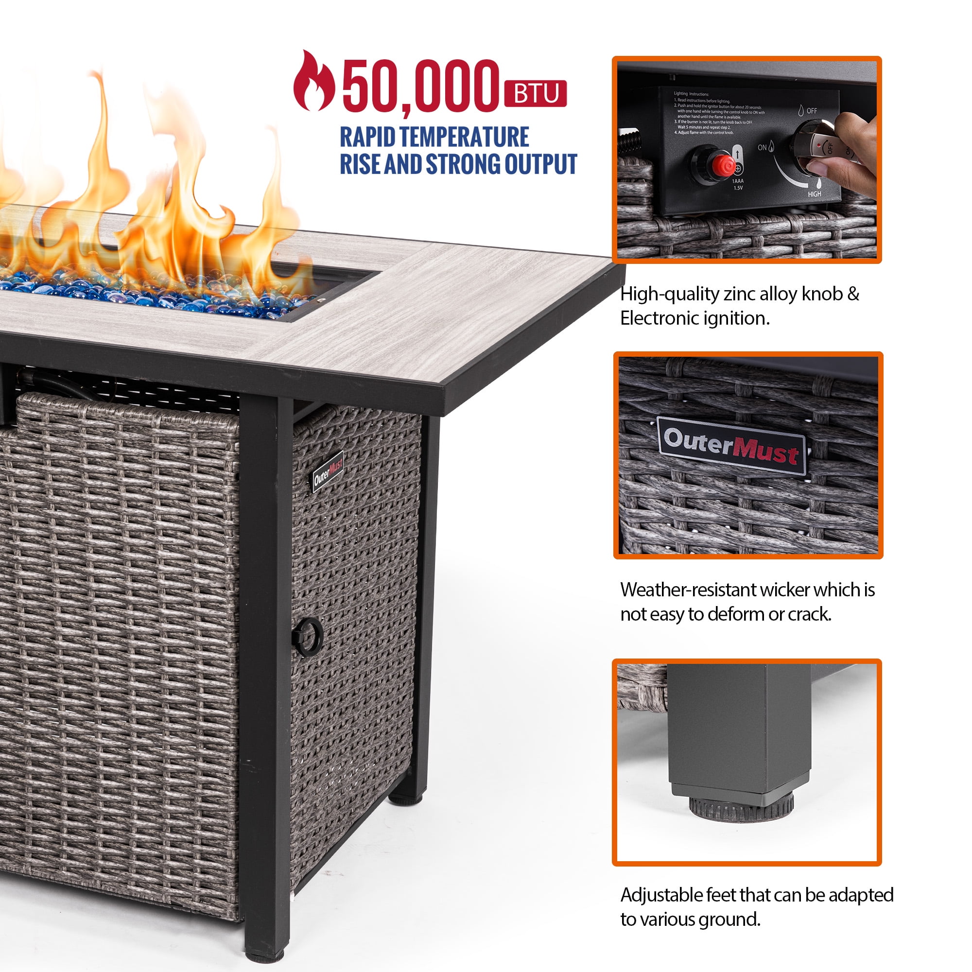 OuterMust 42”Outdoor Propane Fire Pit Table, 50,000 BTU Gas Hand-Woven Rattan Fire Pit with Lid & Blue Glass Bead for Patio Deck Garden