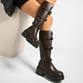 thumbnail image 4 of Lovzfmll Knee High Boots Women, Multi Buckle Mid Calf Chunky Heel Winter, Chunky Mid Heel Round Toe Buckle Leather Motorcycle Boots Warm Casual Fall Brown Boots, 4 of 9