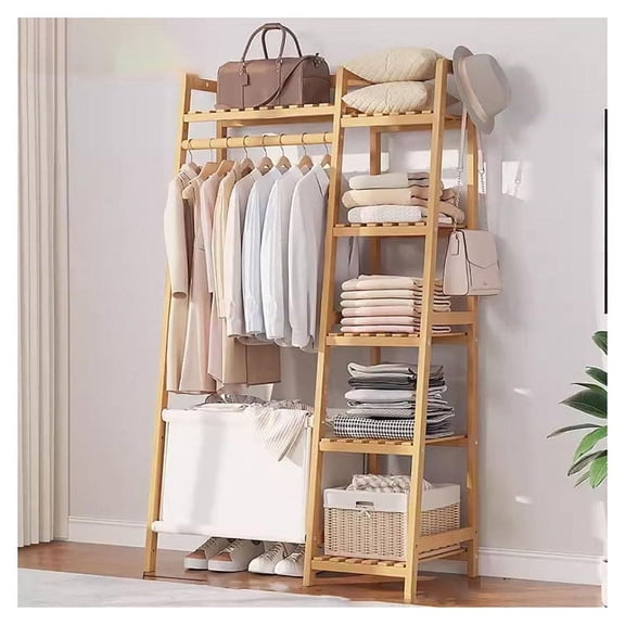 Colourtree Bamboo 32" W Garment Rack with Hanging Rod ,Storage Shelves and Bag,Yellow
