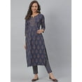 thumbnail image 3 of Jansaya Indian V-Neck 3/4 Sleeve Block Print Navy Blue Cotton Straight Kurta with Pant For Women, 3 of 8